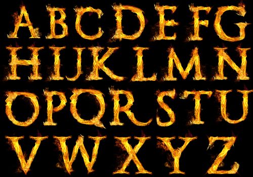 Capital letters of the alphabet with fire flames.