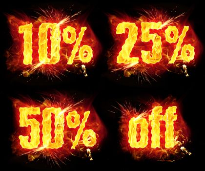 10 25  50 percent off discount fire badges with burning flames.