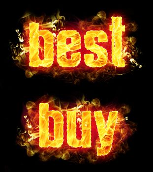 Fire best buy text badge with burning flames.