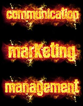 Fire communication marketing management word badges with burning flames.