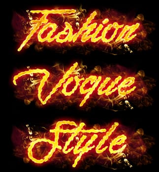 Fire Fashion Vogue Style word badges with burning flames.