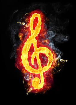 Fire g clef (sol key) character badge with burning flames and smoke.