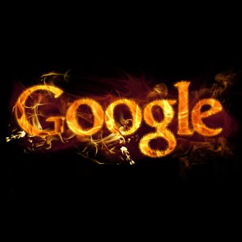 Google logo in burning flames.