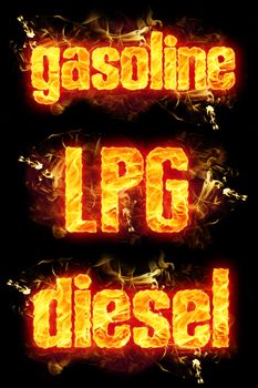 Fire gasoline lpg diesel text in burning flames.