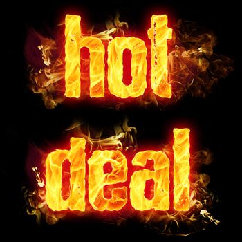 Fire hot deal text badge with burning flames.