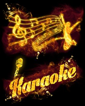 Fire karaoke set with text, microphone and  musical stave.