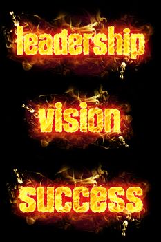 Fire leadership vision success text badge with burning flames.