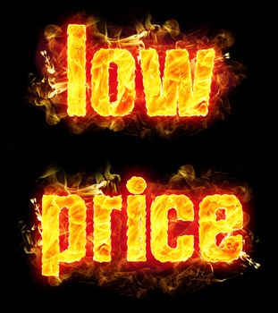 Fire low price text badge with burning flames.