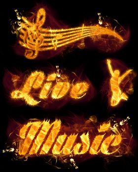 Fire live music set with text, jumping person and  musical stave.