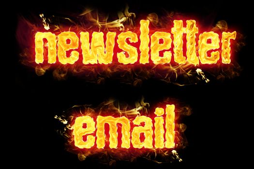 Fire newsletter email text badges with burning flames.