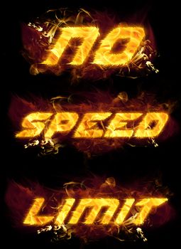 No speed limit text on fire with yellow, orange and purple flames.