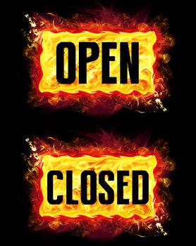 Open closed fire badges with burning flames.