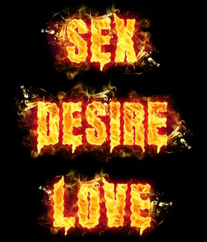 Fire Sex Desire Love word badges with burning flames.