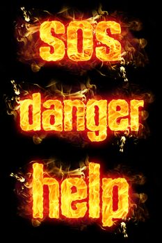 Fire SOS danger help words with burning flames.