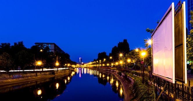 Dambovita river in Bucharest, at night.