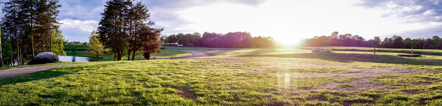 Sunset over green farm field 