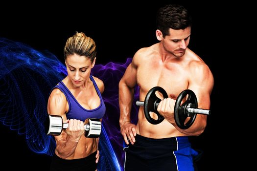 Bodybuilding couple against blue design