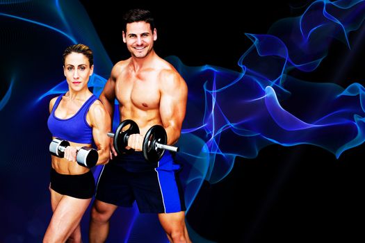 Bodybuilding couple against blue waves with spark