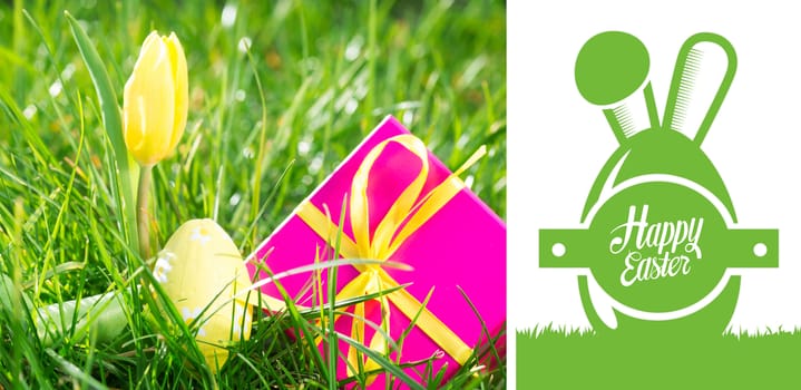 happy easter graphic against pink gift box with easter egg and yellow tulip