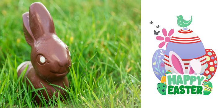 happy easter graphic against chocolate bunny in the grass
