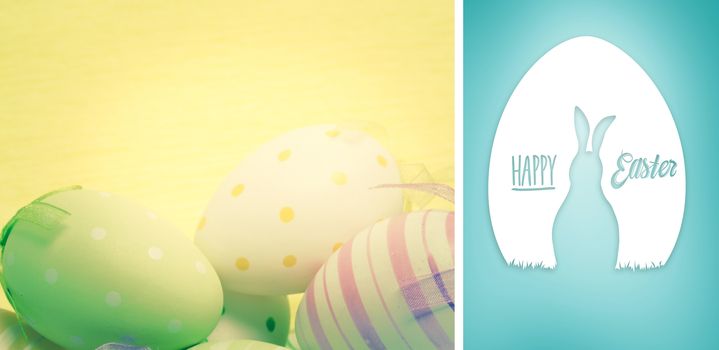 happy easter graphic against blue vignette background