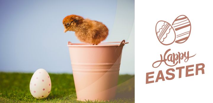 happy easter graphic against stuffed chick in pink bucket