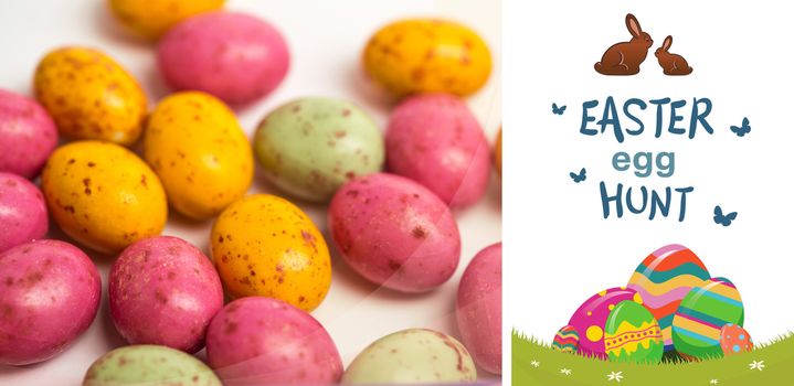 easter egg hunt graphic against many little easter eggs