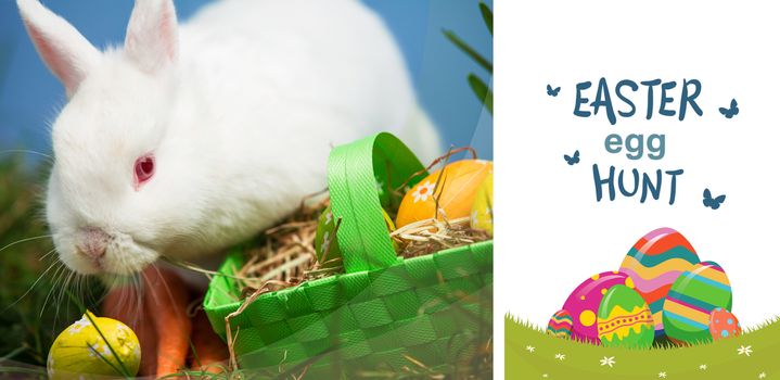 easter  egg hunt graphic against white rabbit sitting beside easter eggs in green basket 