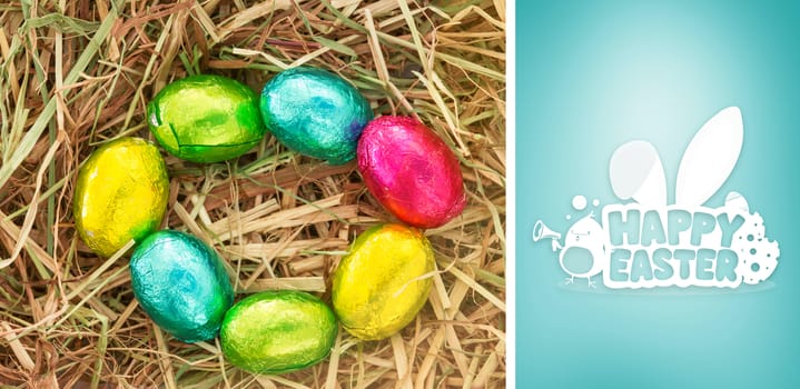 happy easter graphic against blue vignette background