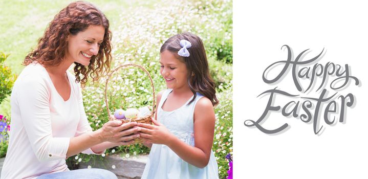 Happy mother and daughter collecting easter eggs against happy easter