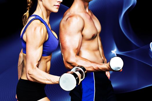 Bodybuilding couple against blue wave