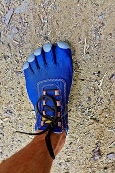 Leg and foot of a man geared up with blue sport shoes with five toes system.