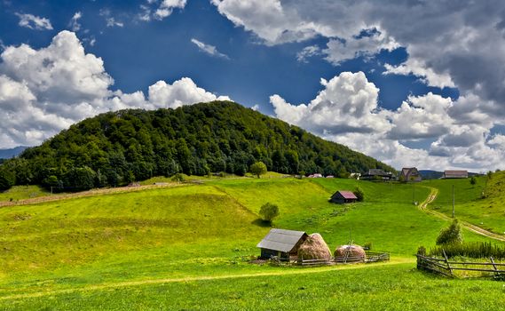 Mountain landscape with sheepfold on green lawn, forest hill in background and blue sky.