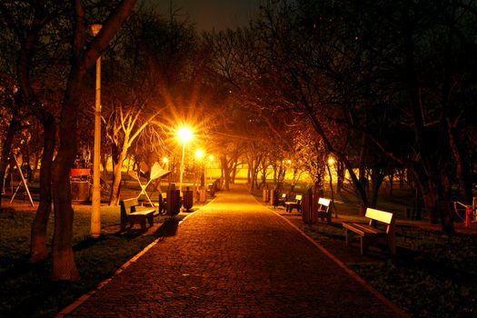 Gheorghe Petrascu Park at night in Bucharest, Romania.