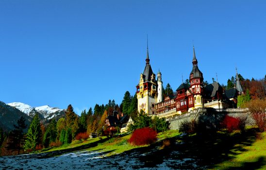 Peles Castle in Sinaia, Romania at the end of autumn.