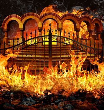 Fantastic hell entrance with gates, stairs and portal like columns covered in flames and smoke.