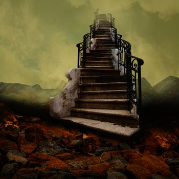 Surreal stairway towards the sky, like an old painting.