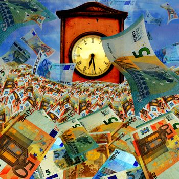Time is money concept with many euro banknotes and big vintage clock.