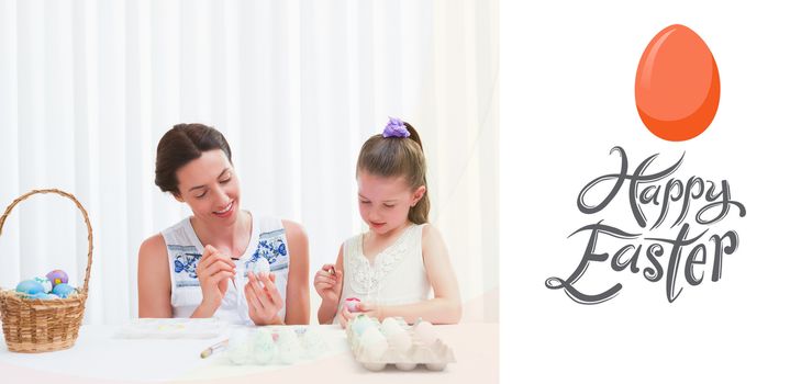 Mother and daughter painting easter eggs against happy easter