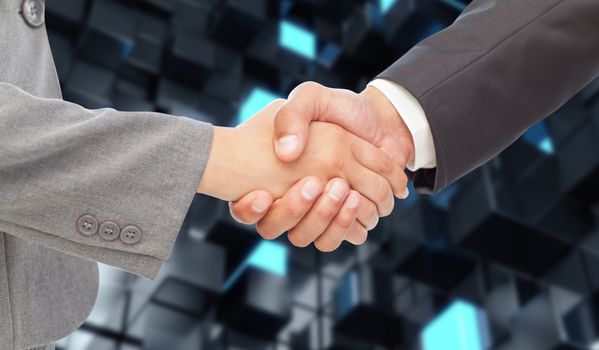 Handshake between two business people against blue and black tile design