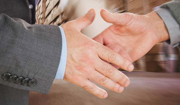 Two people going to shake their hands against worker with fork pallet truck stacker in warehouse