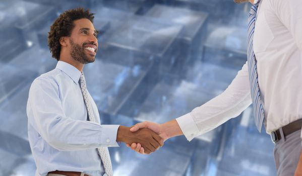Two businessmen shaking hands in office against abstract square design