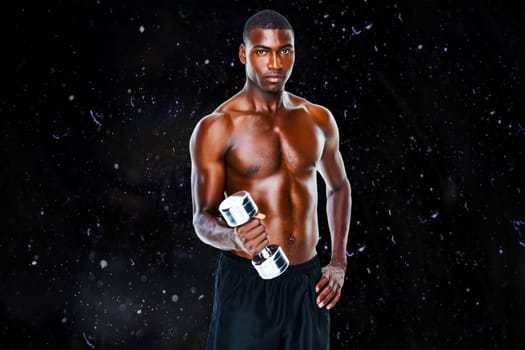 Portrait of a fit shirtless young man lifting dumbbell against black background