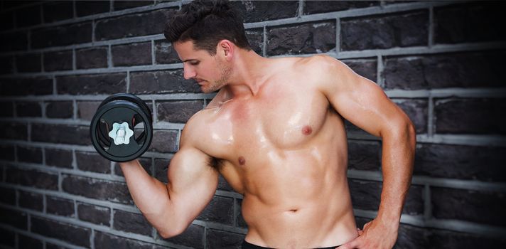 Bodybuilder lifting dumbbell against red brick wall
