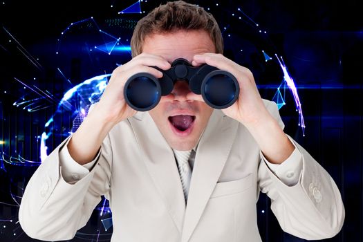 Positive businessman using binoculars against global technology background in purple