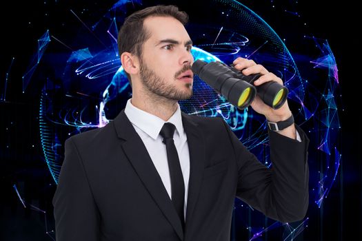 Surprised businessman standing and holding binoculars  against global technology background in purple
