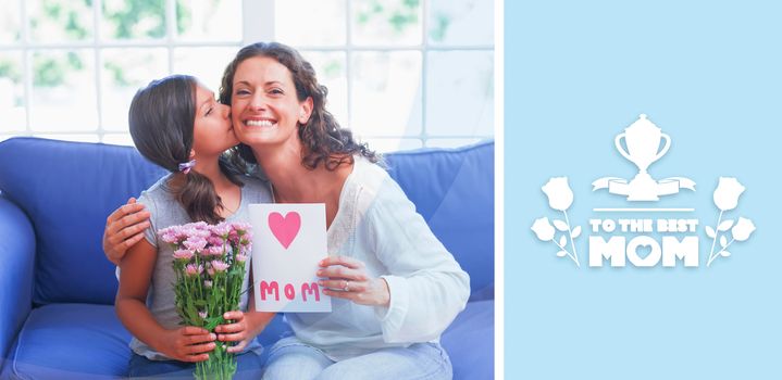 mothers day greeting against cute girl offering flowers and card to her mother