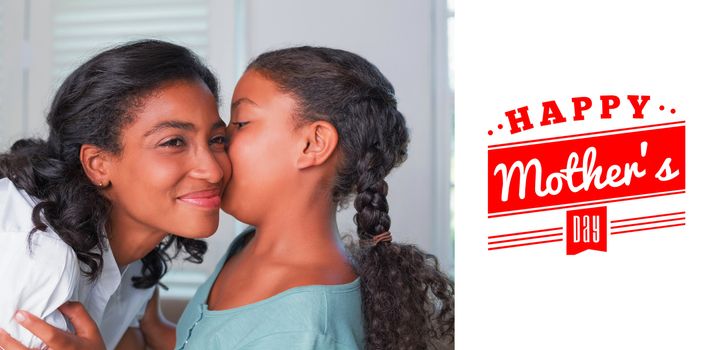 mothers day greeting against mother and daughter hugging on the couch