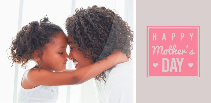 mothers day greeting against cute little girl hugging her mother