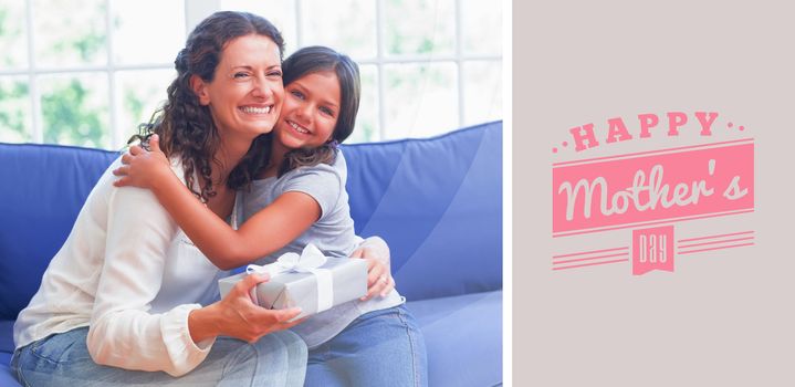 mothers day greeting against happy mother and daughter hugging and smiling at camera